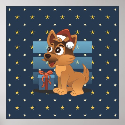 Cute German Shepherd puppy Cartoon Starry night ポスター (正面)