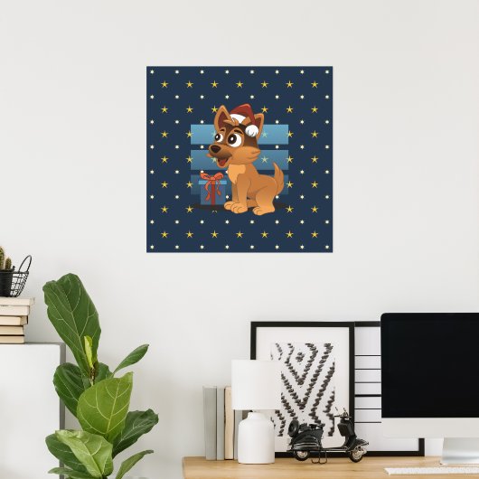 Cute German Shepherd puppy Cartoon Starry night ポスター (ホームオフィス)