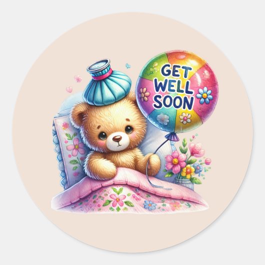 Cute get well soon bear  ラウンドシール (正面)