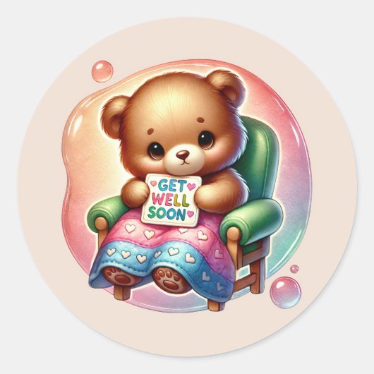 Cute get well soon bear ラウンドシール (正面)