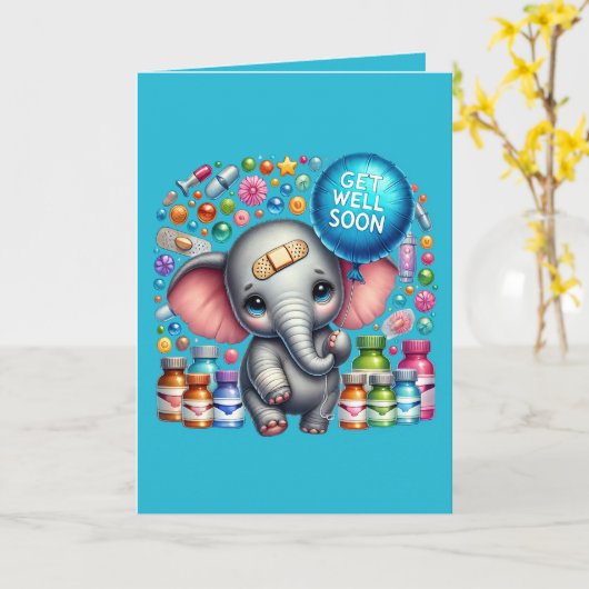 Cute get well soon elephant add message  カード (黄色い花)