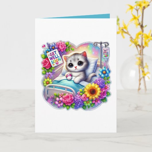 Cute get well soon kitten add message カード (黄色い花)
