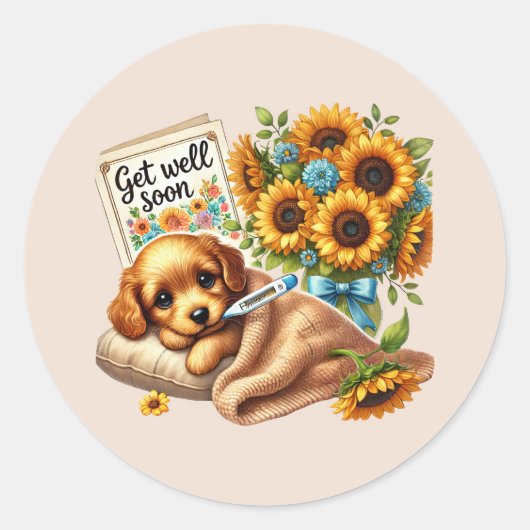 Cute get well soon puppy ラウンドシール (正面)