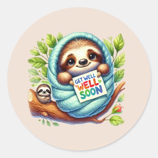 Cute get well soon sloth ラウンドシール (正面)