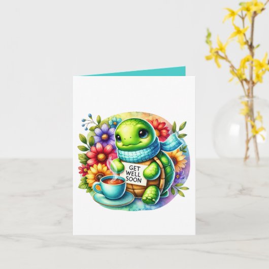 Cute get well soon turtle add message  カード (黄色い花)