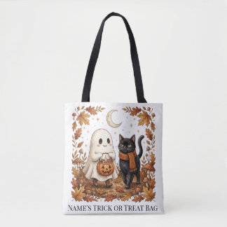Cute Ghost and Black Cat Trick or Treat トートバッグ