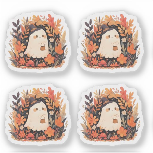 Cute Ghost Autumn Floral Halloween Design Accent シール (正面)