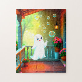 Cute ghost blowing bubbles on a porch ジグソーパズル