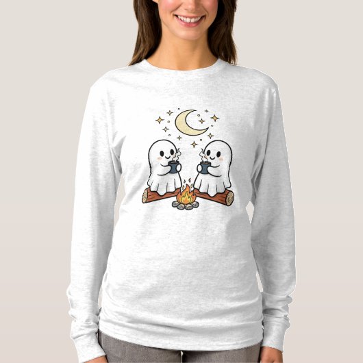 Cute Ghost Campfire Cozy Halloween Long Sleeve Tee Tシャツ (正面)