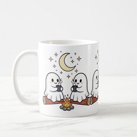 Cute Ghost Campfire Moon Spooky Season Mug コーヒーマグカップ (左)