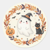 Cute Ghost Cat Pumpkin Autumn Wreath Halloween ラウンドシール (正面)