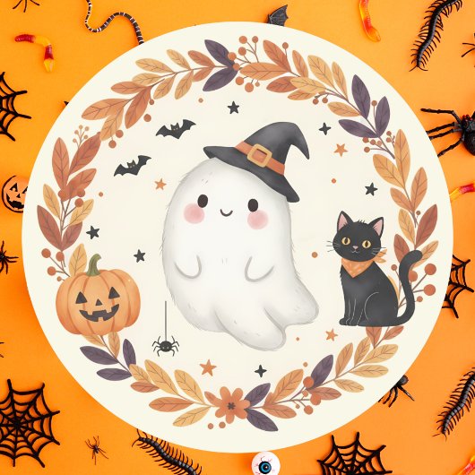 Cute Ghost Cat Pumpkin Autumn Wreath Halloween ラウンドシール