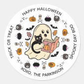 Cute Ghost & Cat Round Sticker – Halloween Reading ラウンドシール (正面)
