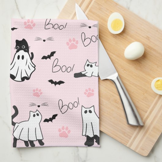 Cute Ghost Cats Halloween キッチンタオル (四つ折り)