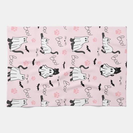 Cute Ghost Cats Halloween キッチンタオル (横)