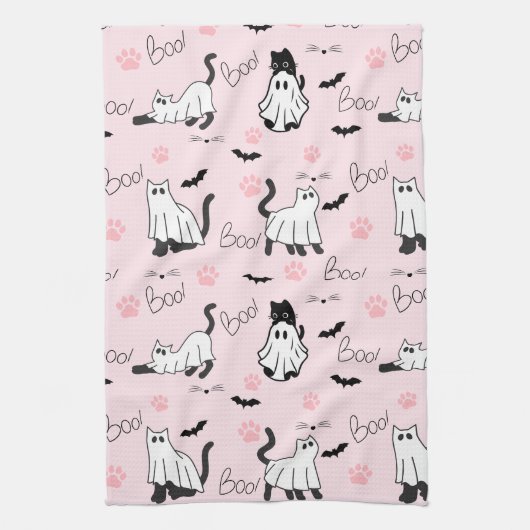 Cute Ghost Cats Halloween キッチンタオル (縦)