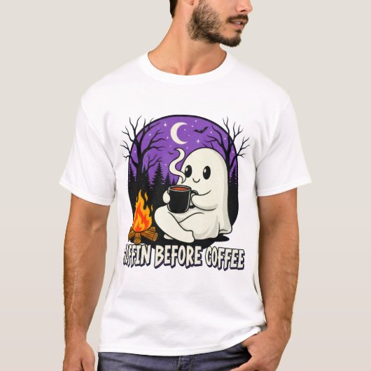 Cute Ghost Coffee Lover Camping Design Tシャツ (正面)