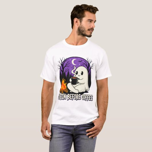 Cute Ghost Coffee Lover Camping Design Tシャツ (正面フル)