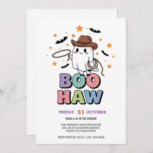 Cute Ghost Cowboy Party Card 招待状 (正面/裏面)
