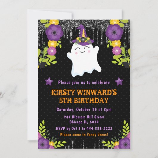 Cute Ghost Floral Halloween Birthday 招待状 (正面)