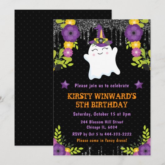 Cute Ghost Floral Halloween Birthday 招待状 (正面/裏面)