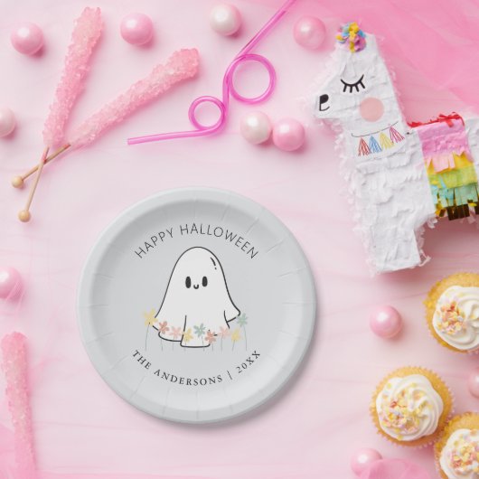 Cute Ghost Floral Halloween Gray ペーパープレート (パーティー)