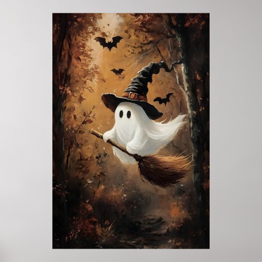 Cute Ghost Flying On A Witch Broom In Autumn ポスター (正面)