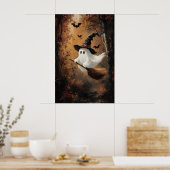 Cute Ghost Flying On A Witch Broom In Autumn ポスター (キッチン)