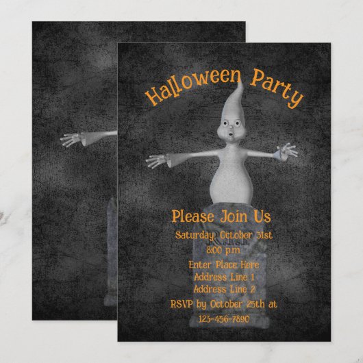 Cute Ghost Gravestone Halloween 招待状 (正面/裏面)