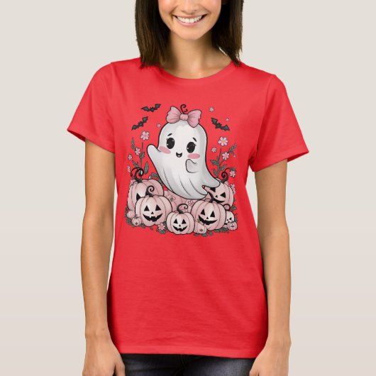 Cute Ghost Halloween Kawaii Pumpkin & Bat Design Tシャツ (正面)