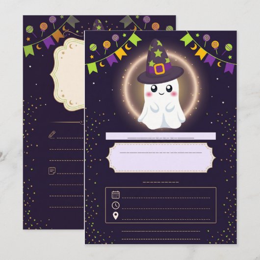 Cute Ghost Halloween Party Invitation for Kids 招待状 (正面/裏面)