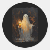 Cute Ghost Holding Candle Fun Halloween Gothic Vin ラウンドシール (正面)