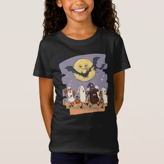 Cute Ghost Kids Trick or Treat Under Spooky Moon Tシャツ (正面)