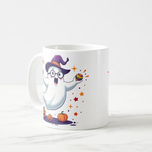 Cute Ghost Mug with Pumpkins and Witch Hat コーヒーマグカップ (正面左)