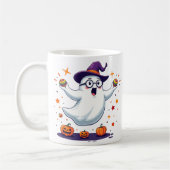 Cute Ghost Mug with Pumpkins and Witch Hat コーヒーマグカップ (左)