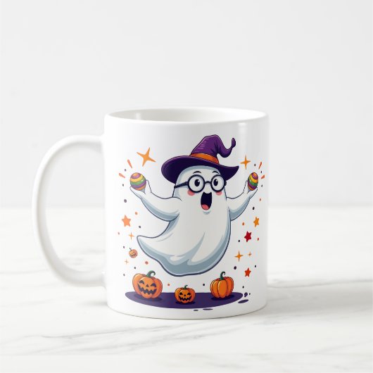 Cute Ghost Mug with Pumpkins and Witch Hat コーヒーマグカップ (左)
