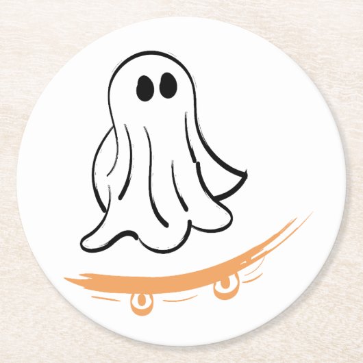 Cute ghost on skateboard ラウンドペーパーコースター (正面)