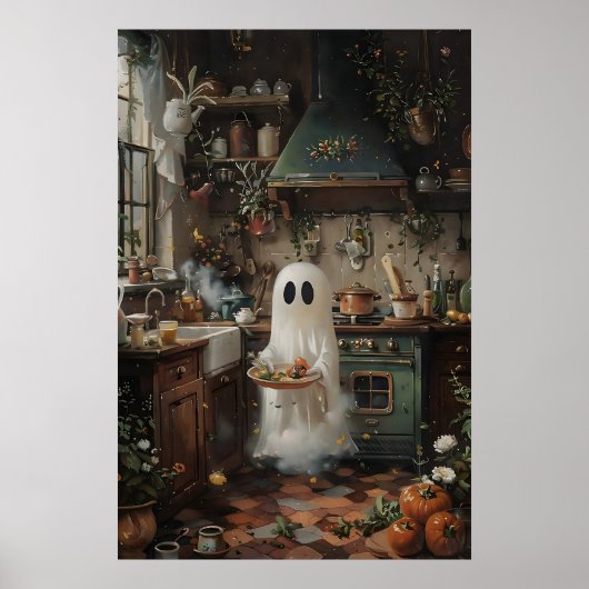 Cute Ghost Preparing To Eat Print, Floral Kitchen ポスター (正面)
