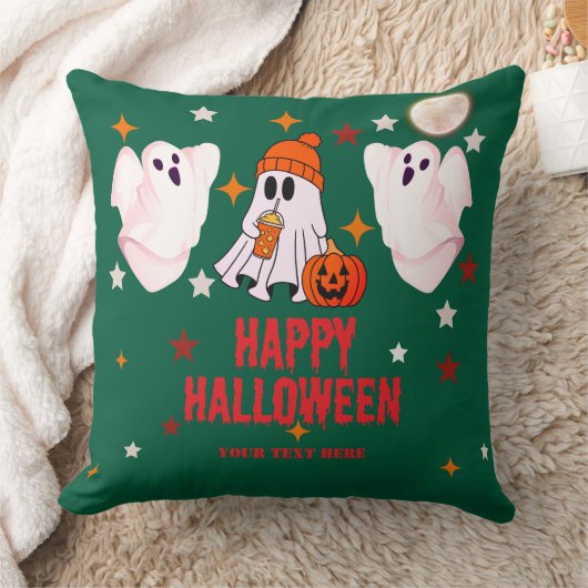 Cute Ghost & Pumpkin Custom Text Happy Halloween クッション (ブランケット)