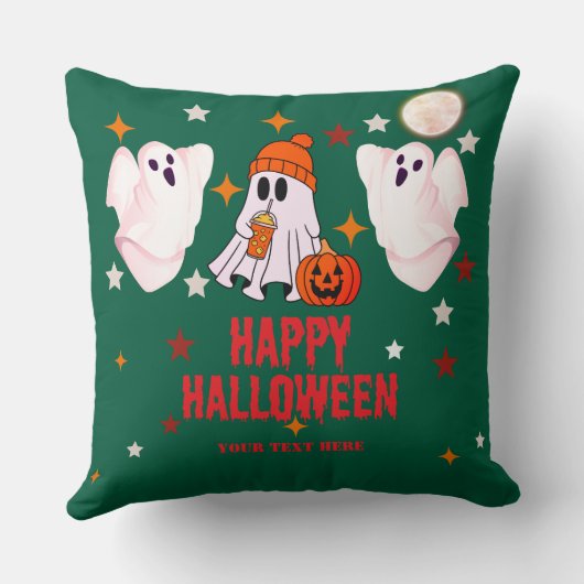 Cute Ghost & Pumpkin Custom Text Happy Halloween クッション (裏面)