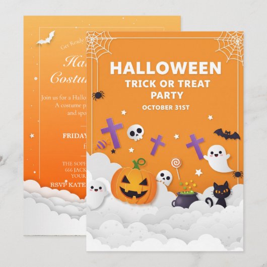 Cute Ghost & Pumpkin Halloween Invitation 招待状 (正面/裏面)