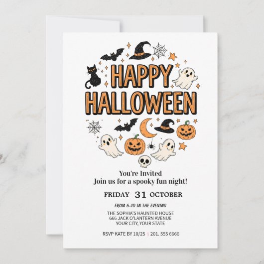 Cute Ghost & Pumpkin Halloween Party 招待状 (正面)
