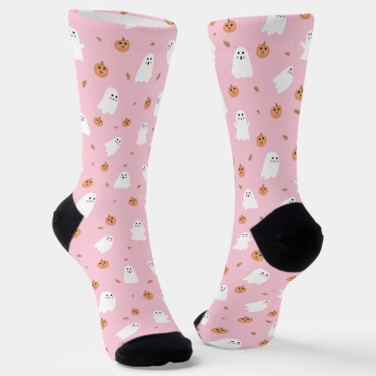 Cute Ghost & Pumpkin Pink Halloween Pattern ソックス (傾斜あり)