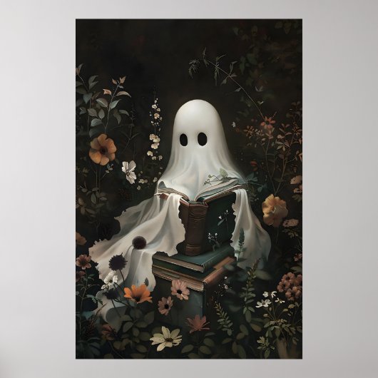 Cute Ghost Reading Books Print, Digital Halloween ポスター (正面)