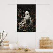 Cute Ghost Reading Books Print, Digital Halloween ポスター (キッチン)