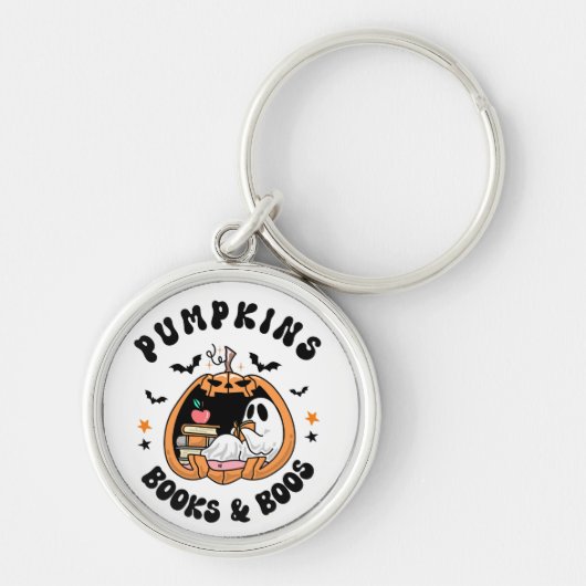 Cute Ghost Reading Pumpkins Books and Boos キーホルダー (正面)