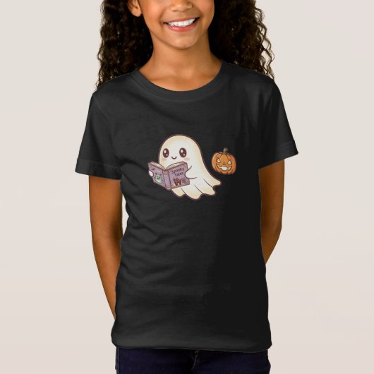 Cute Ghost Reading Spooky Book Halloween Cartoon Tシャツ (正面)