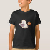 Cute Ghost Reading Spooky Book Halloween Cartoon Tシャツ (正面)