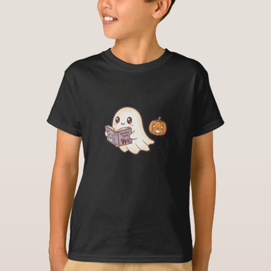 Cute Ghost Reading Spooky Book Halloween Cartoon Tシャツ (正面)