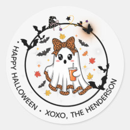 Cute Ghost Round Sticker – Halloween Bow & Bats ラウンドシール